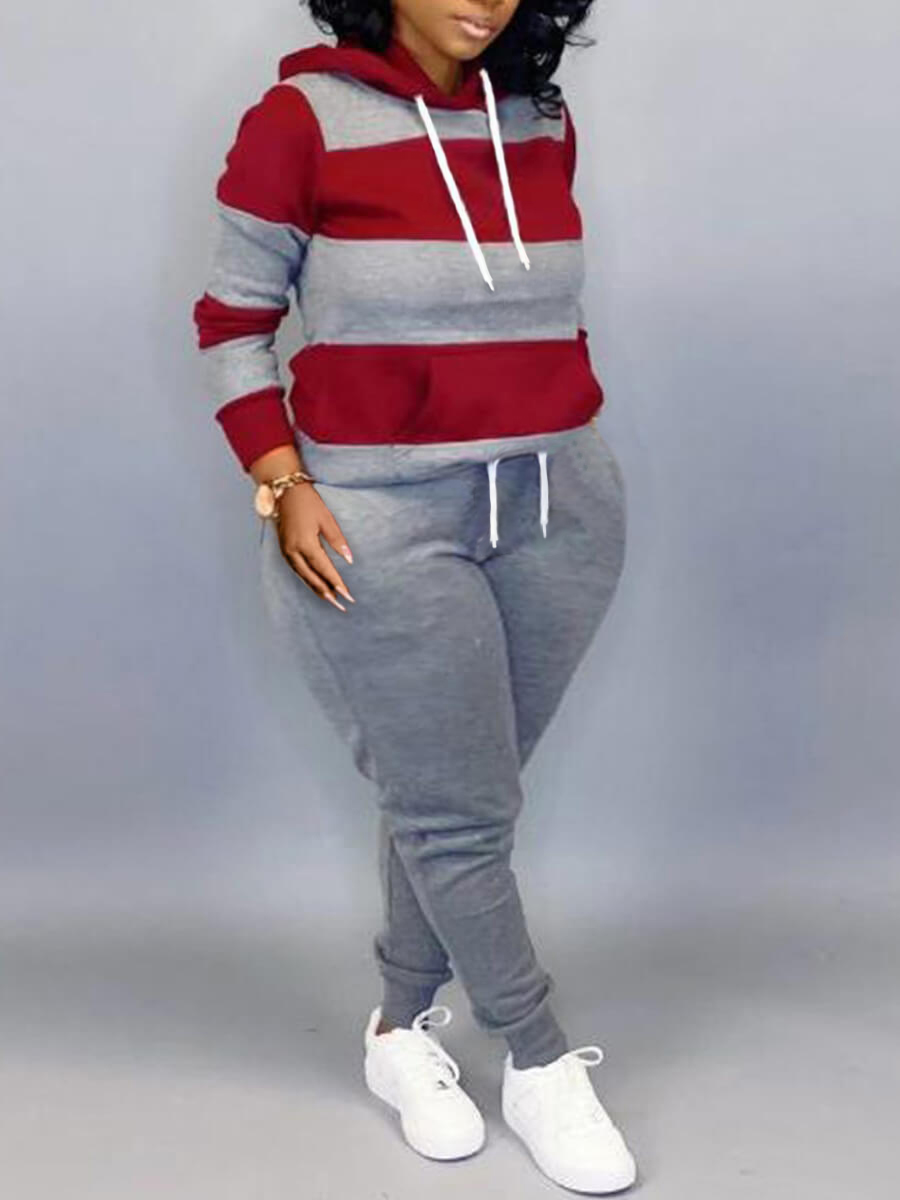 LW Plus Size Hooded Collar Striped Tracksuit Set