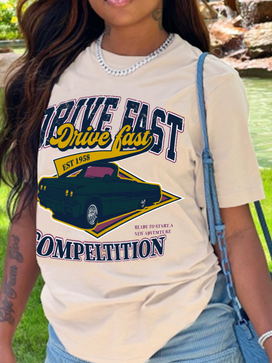 LW COTTON Racing Car Letter Print T-shirt