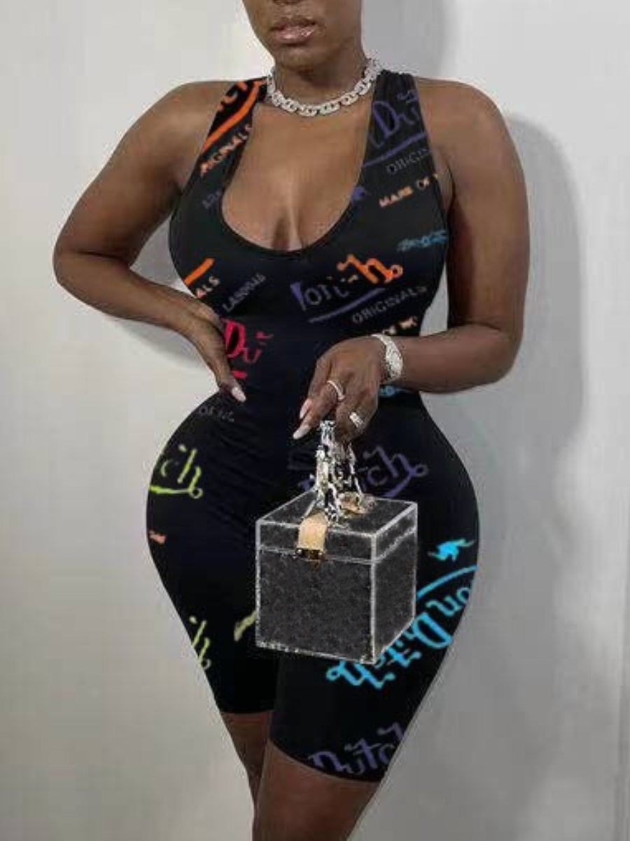 LW Cross Strap Letter Print Backless Romper