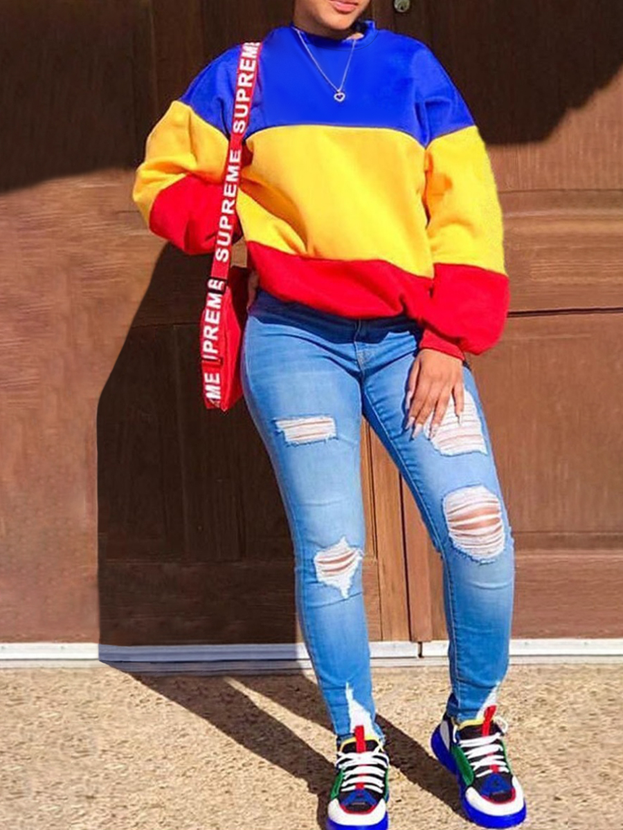 LW Casual O Neck Patchwork Blue Hoodie