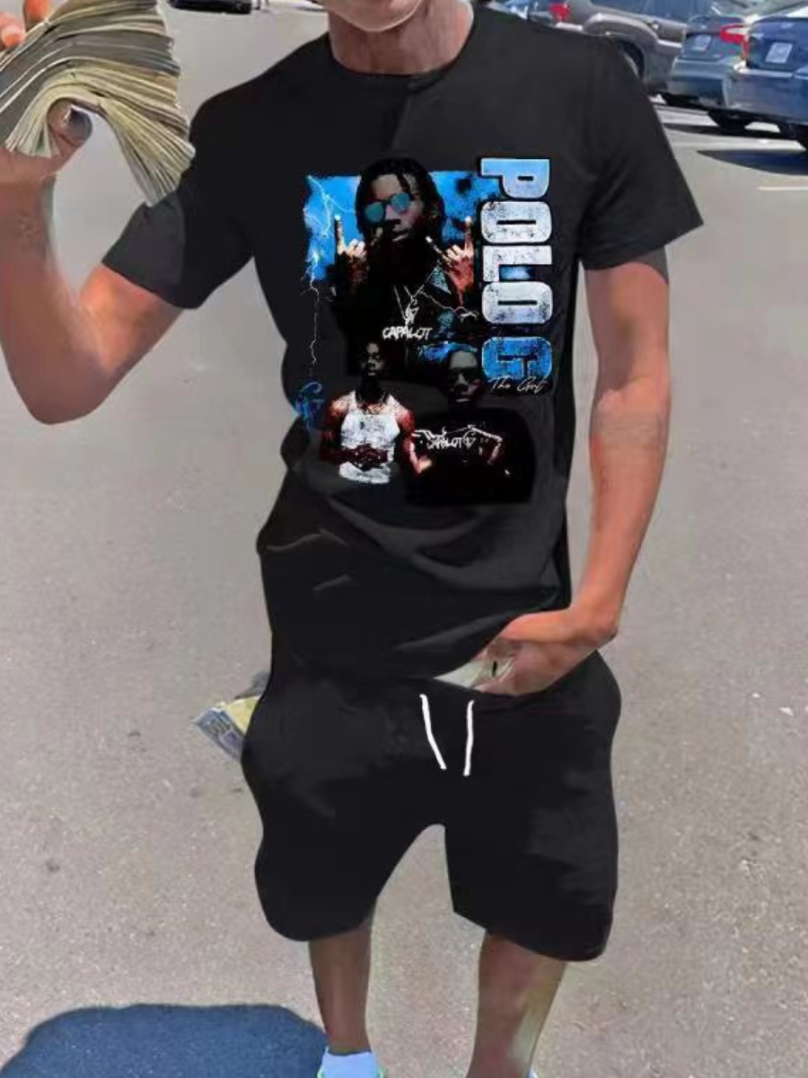 LovelyWholesale Men Letter Figure Print Drawstring Shorts Set Summer Short Sleeve Casual Letter Print Round Neck Spring Summer 2024