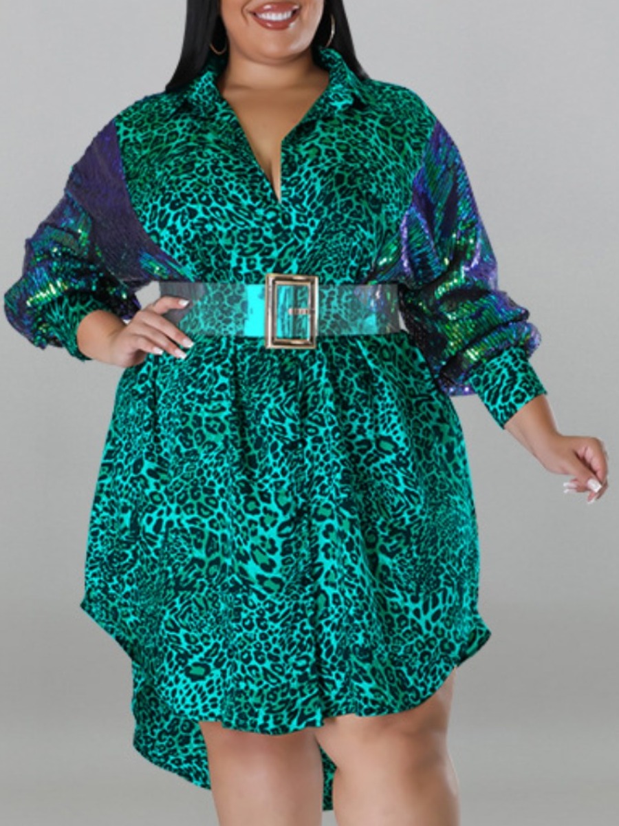 LW Plus Size Leopard Print Sequined Shirt Dress