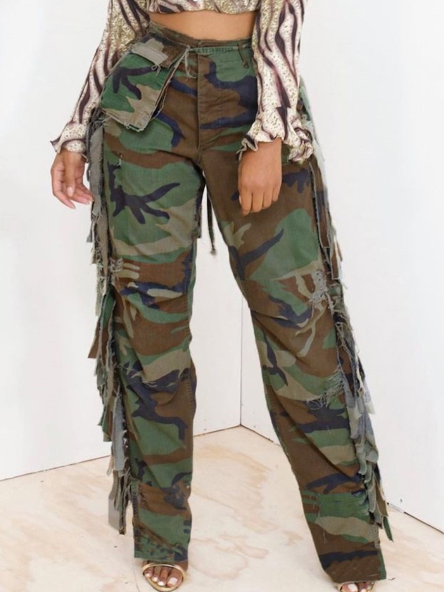 LovelyWholesale Camo Print Tassel Design Pocket Design Pants Spring|Fall Casual Spring Summer 2024