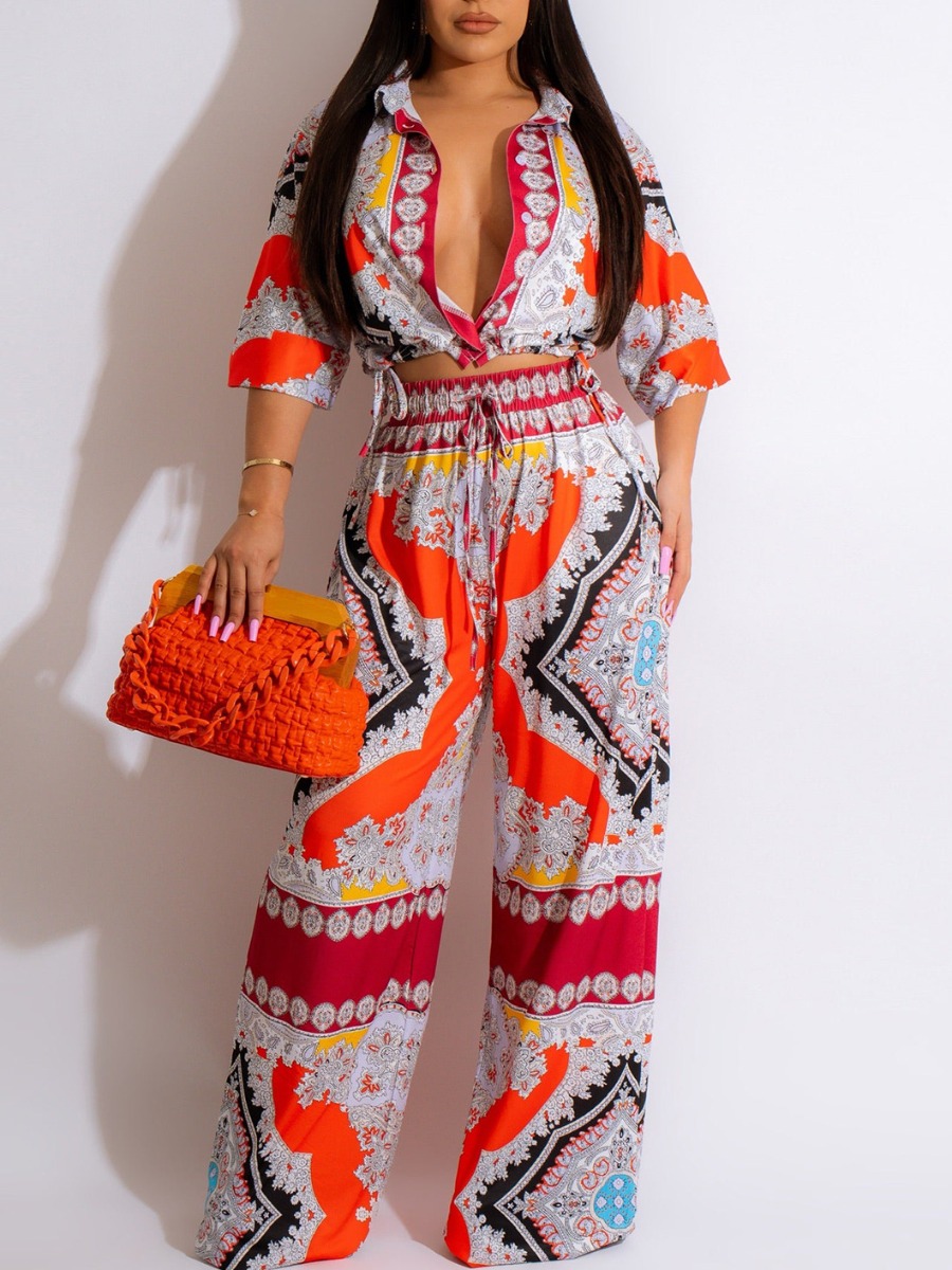 LovelyWholesale Mixed Print Drawstring High Waist Pants Set Fall Long Sleeve Vacation Shirred Shirt collar Spring Summer 2024