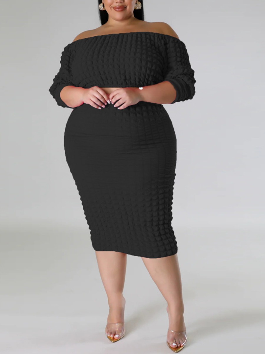LovelyWholesale Plus Size Off The Shoulder Waffle Knit Skirt Set Spring Long Sleeve Elegant Solid Color Bateau Neck  4X Spring Summer 2024
