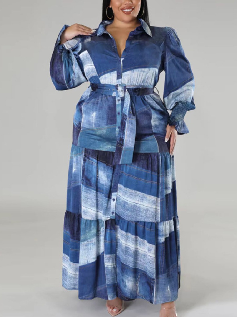 LW Plus Size Imitation Denim Ruffle Bandage Design Shirt Dress