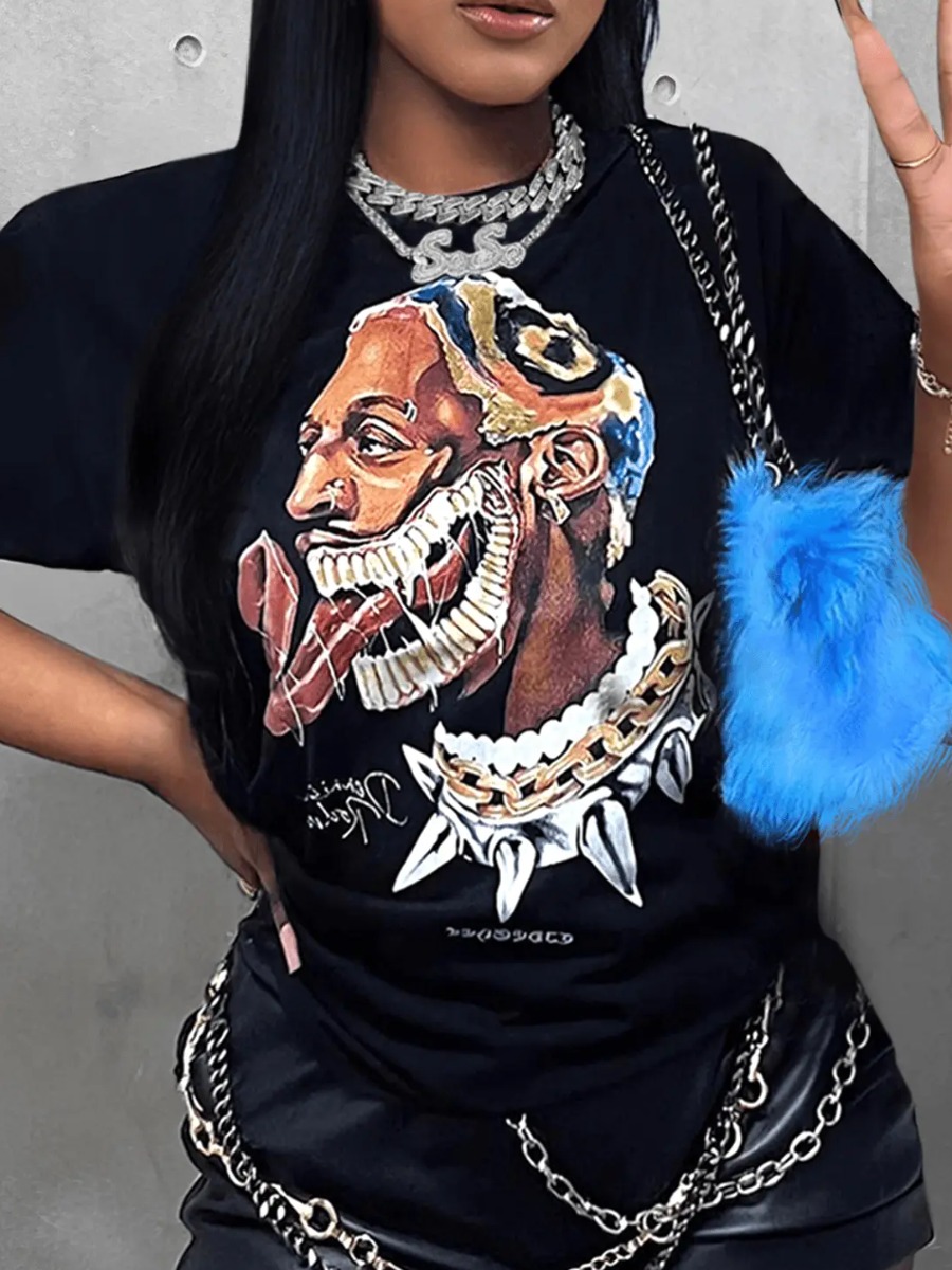 LovelyWholesale Figure Mixed Print T-shirt Summer Short Sleeve Street None Round Neck Spring Summer 2024