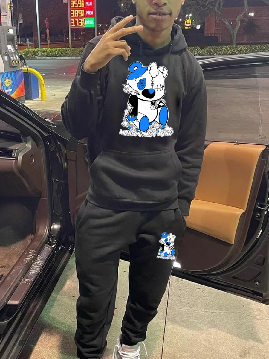 LW Men Cartoon Print Kangaroo Pocket Tracksuit Set