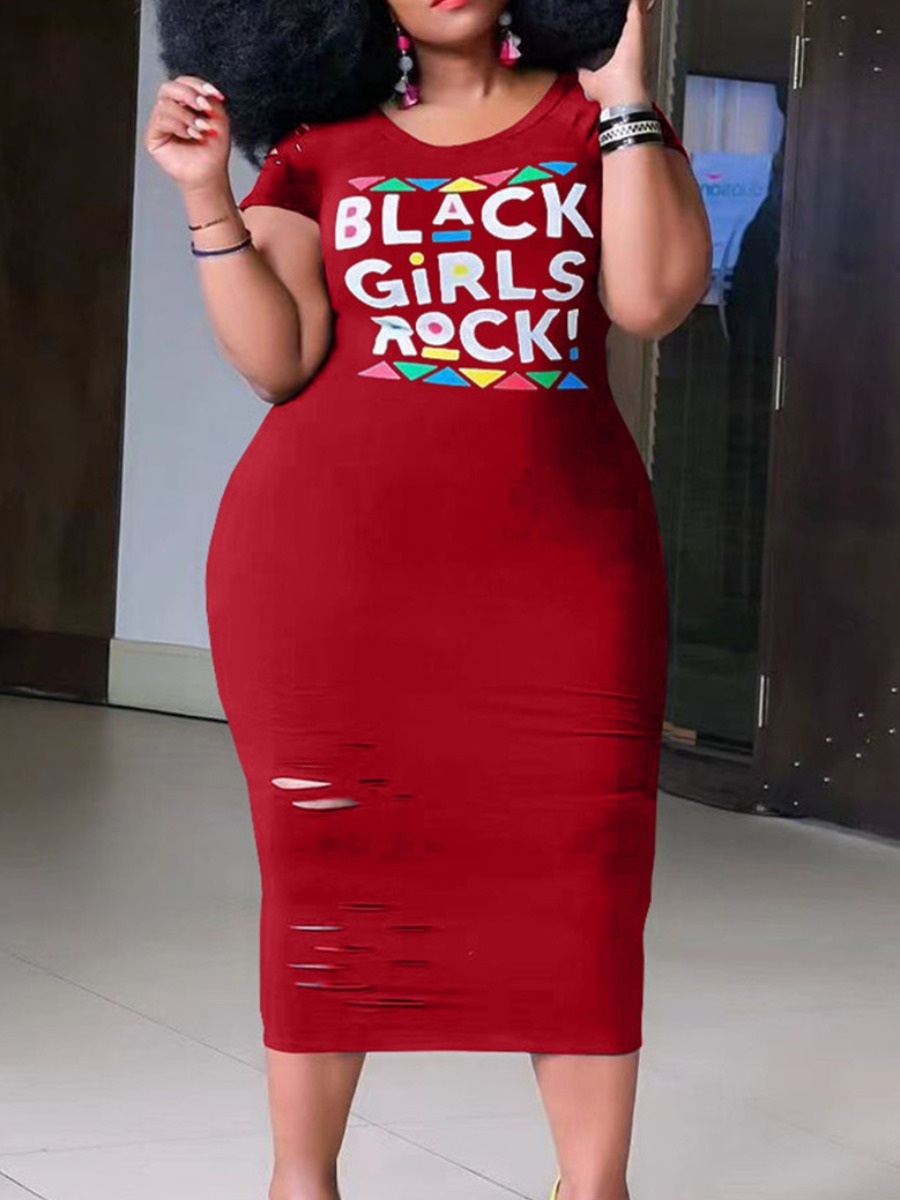 LW Plus Size Letter Print Ripped Bodycon Dress