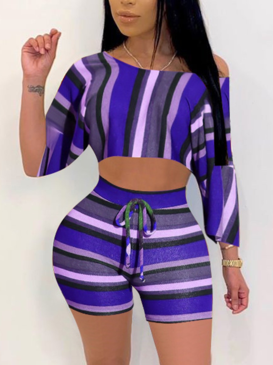 LW Plus Size Striped Crop Top Drawstring Shorts Set