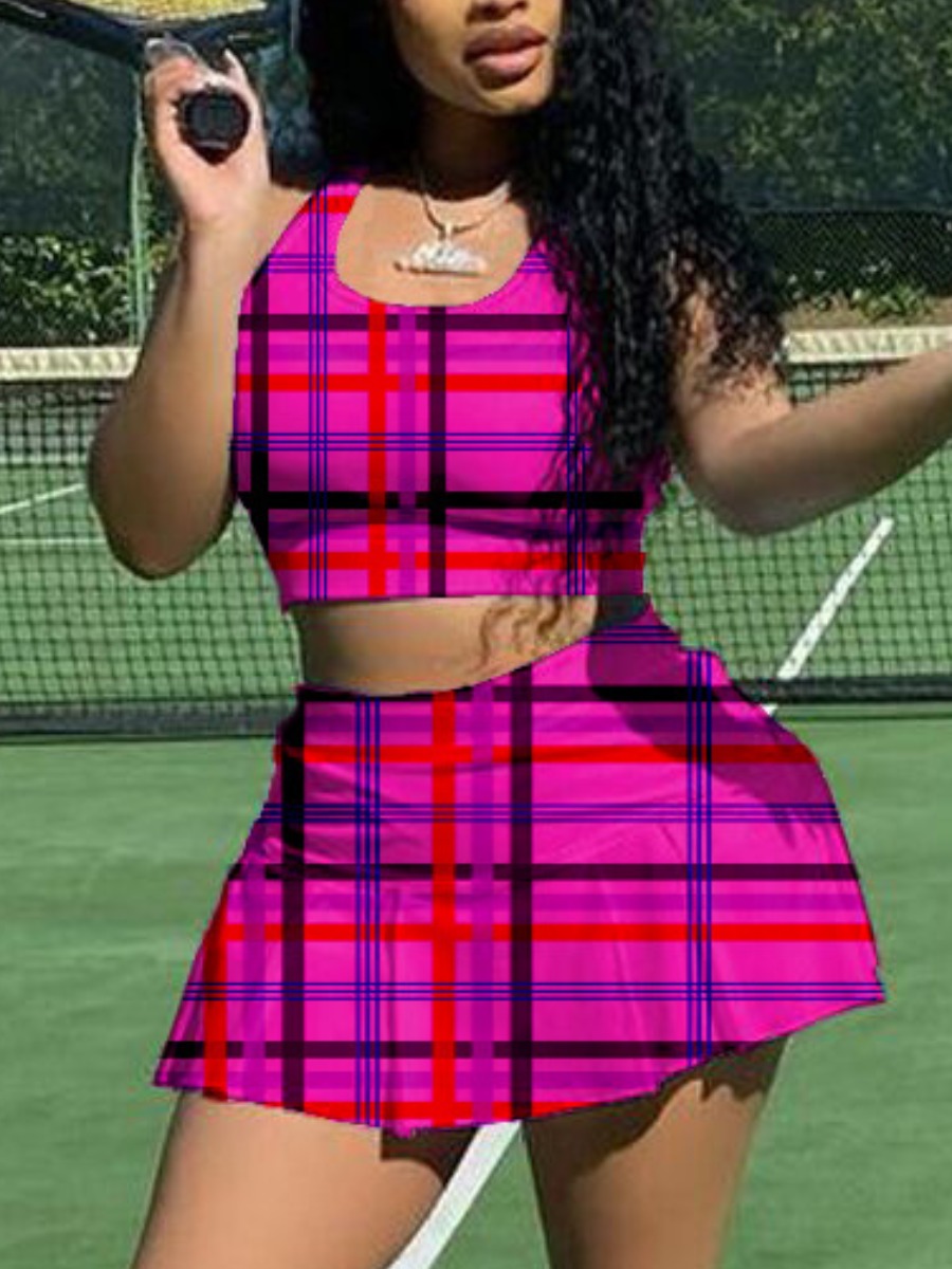 LW Crop Top Plaid Print Skirt Set