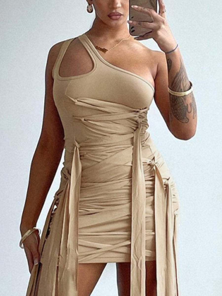LW One Shoulder Tassel Bandage Design Bodycon Dress