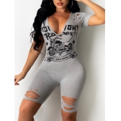 LW V Neck Letter Print Ripped Romper