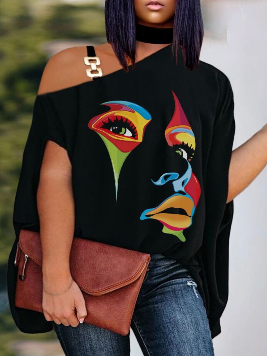 LovelyWholesale Plus Size One Shoulder Figure Print Chain Decor T-shirt Summer Half Sleeve Casual Round Neck  5X Spring Summer 2024