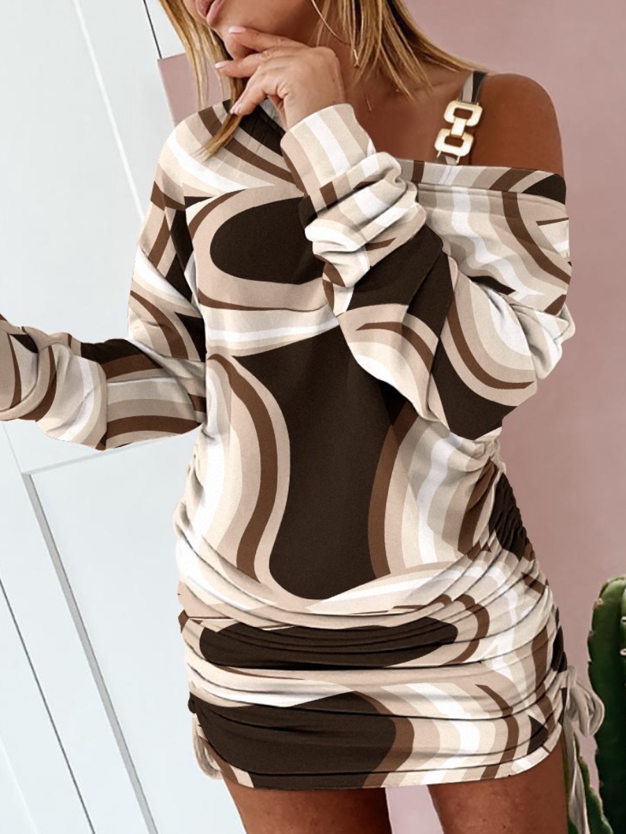 LW Plus Size Striped Chain Decor Ruched Drawstring Dress