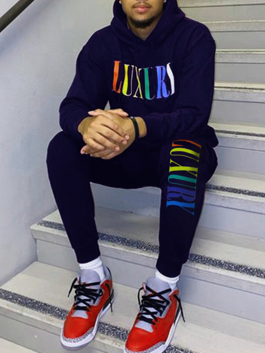 LW Men Letter Print Kangaroo Pocket Tracksuit Set