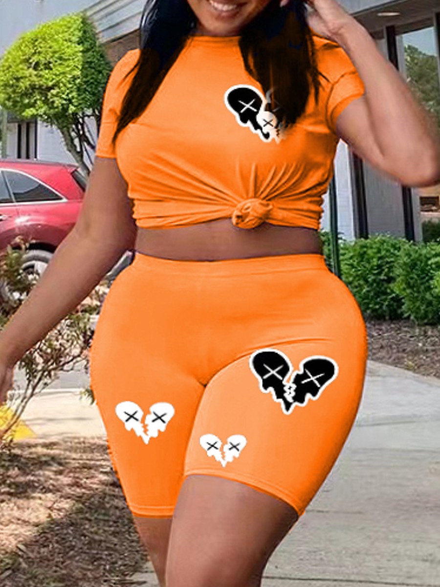 LW Plus Size Round Neck Broken Heart Print Shorts Set