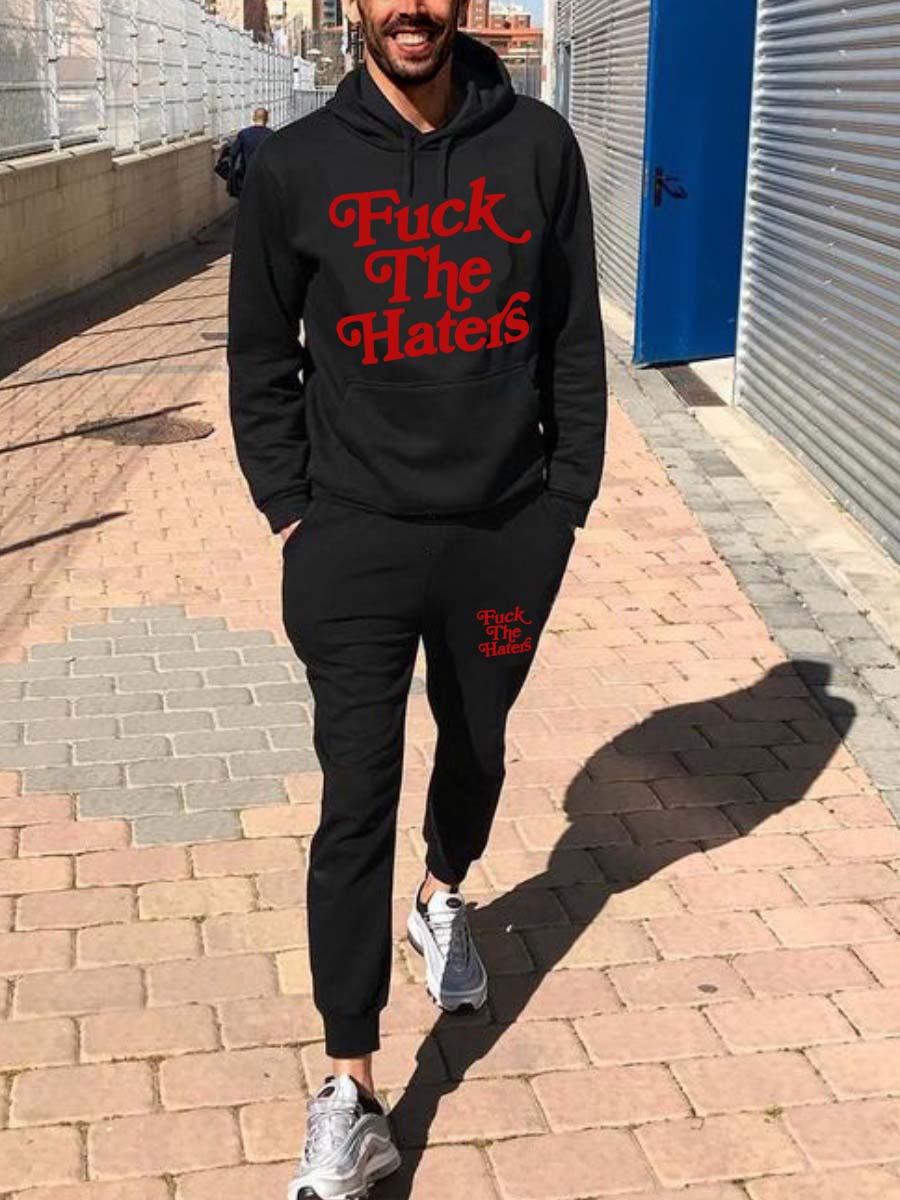 LW Men Letter Print Kangaroo Pocket Tracksuit Set