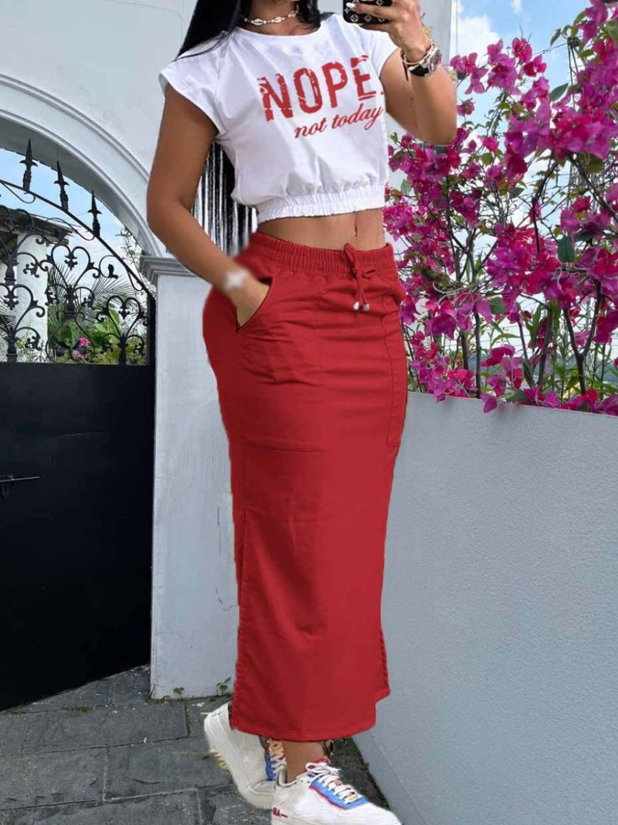 LW Letter Print Side Split Drawstring Skirt Set