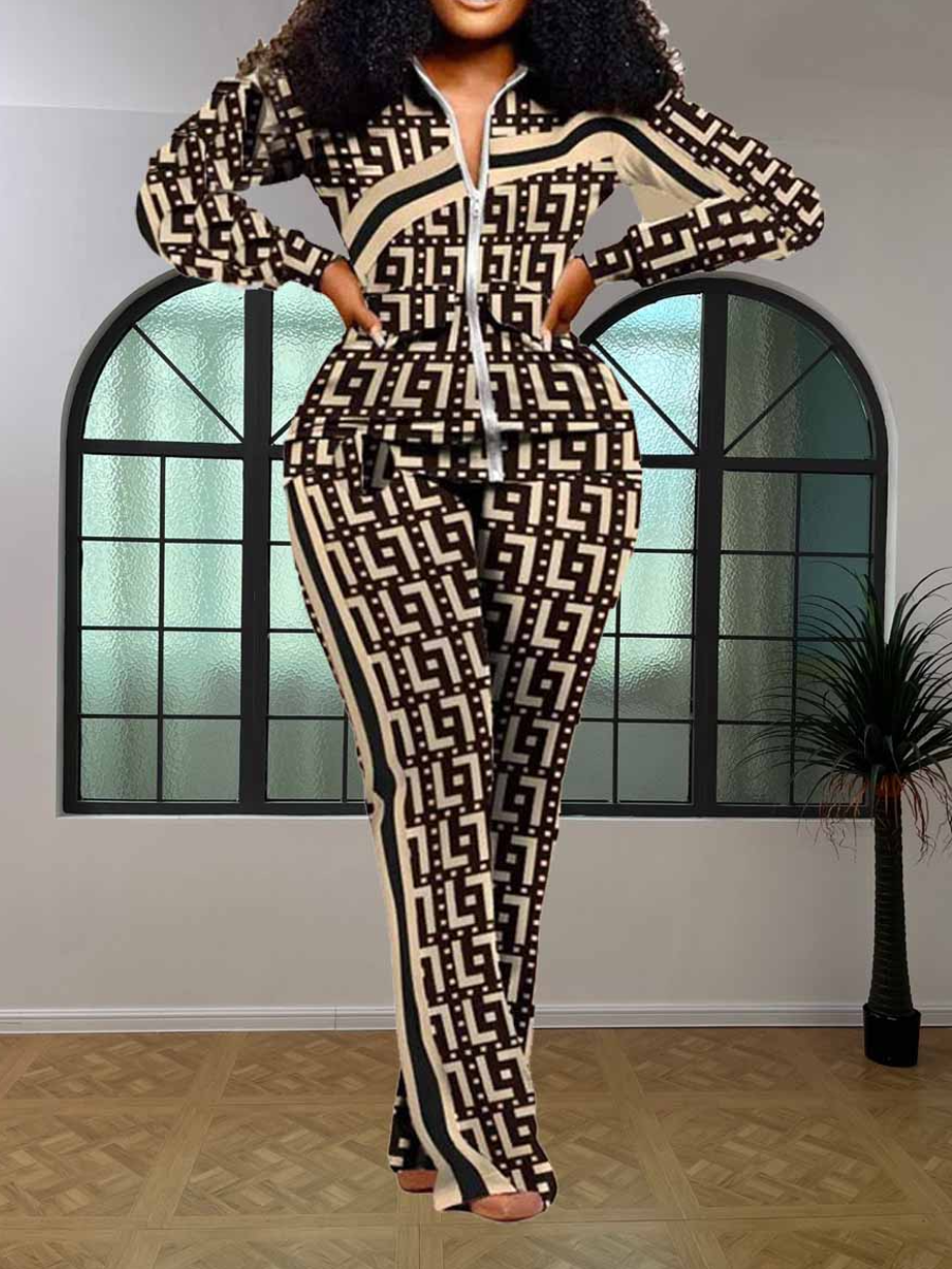 LovelyWholesale Plus Size Geometric Print Striped Zipper Design Pants Set Fall Long Sleeve Casual Zipper Design Turndown Collar  Spring Summer 2024