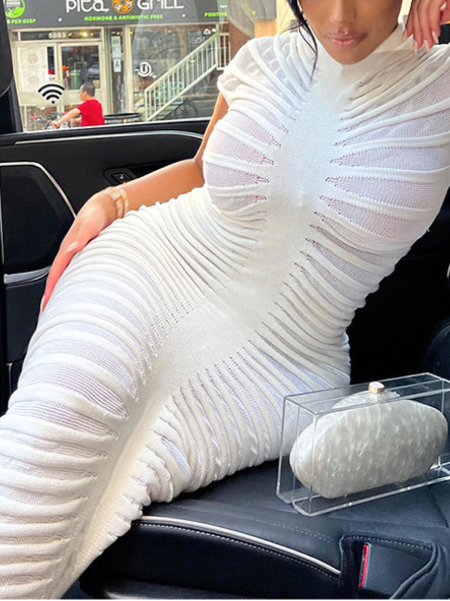 LovelyWholesale See Through Line Stitching Bodycon Dress Summer Short Sleeve Casual See Through Round Neck Spring Summer 2024