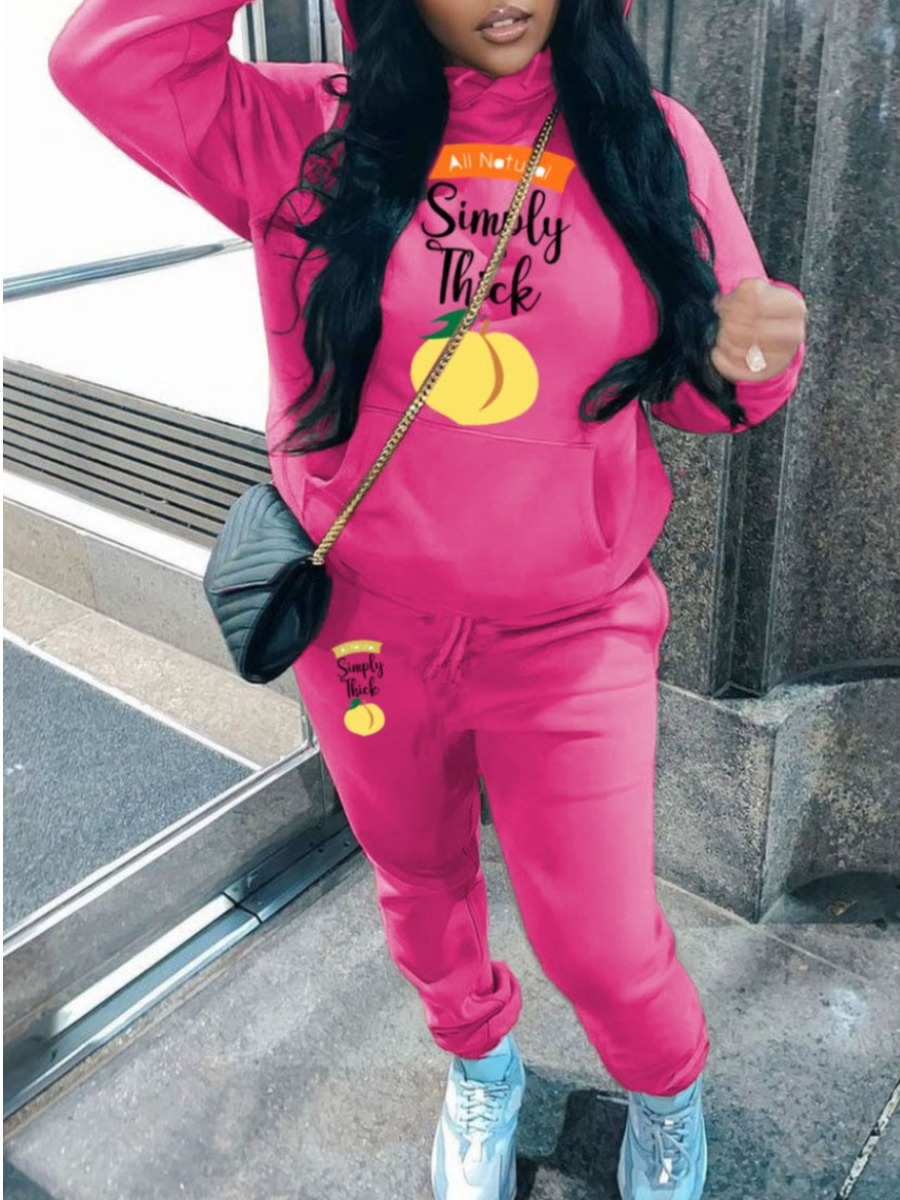 LW Plus Size Fruit Letter Print Kangaroo Pocket Tracksuit Set