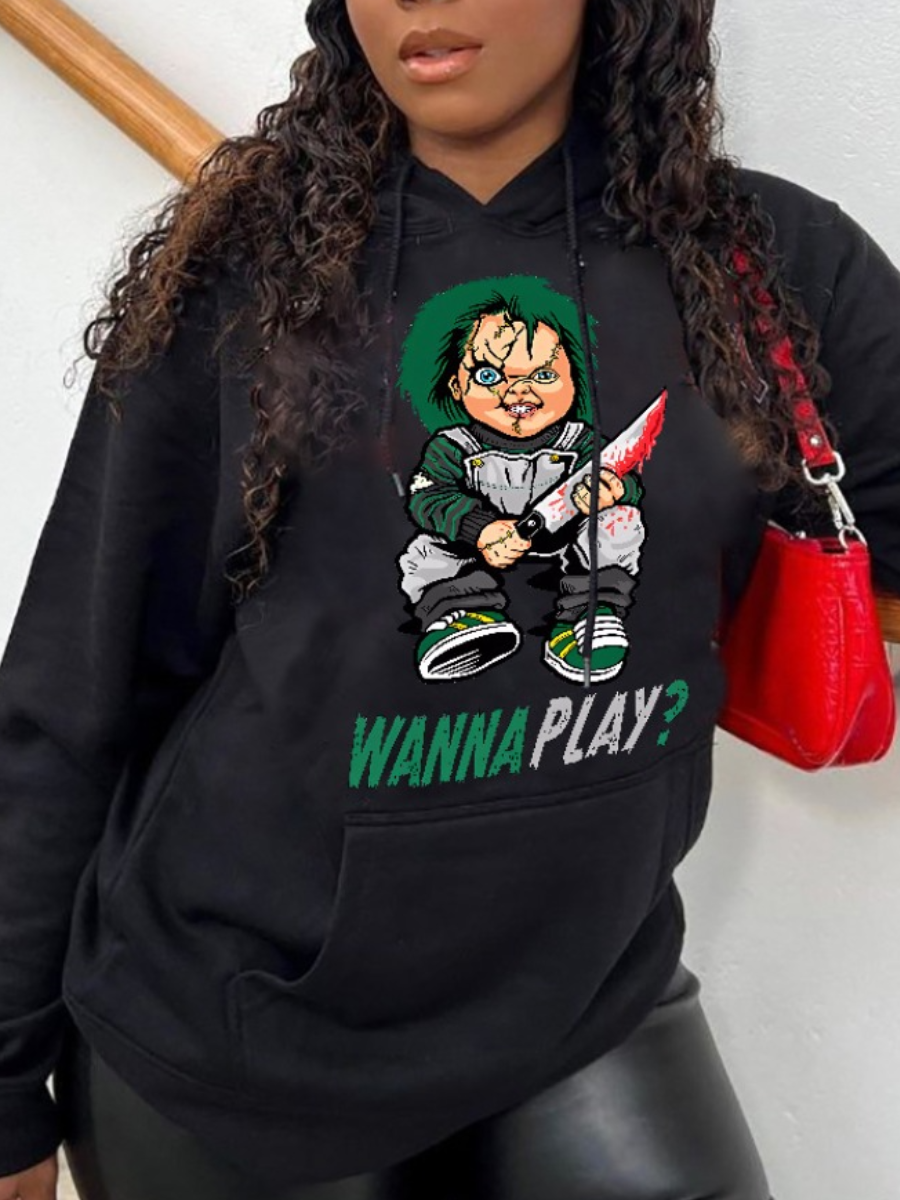 LW Plus Size Cartoon Letter Print Kangaroo Pocket Hoodie