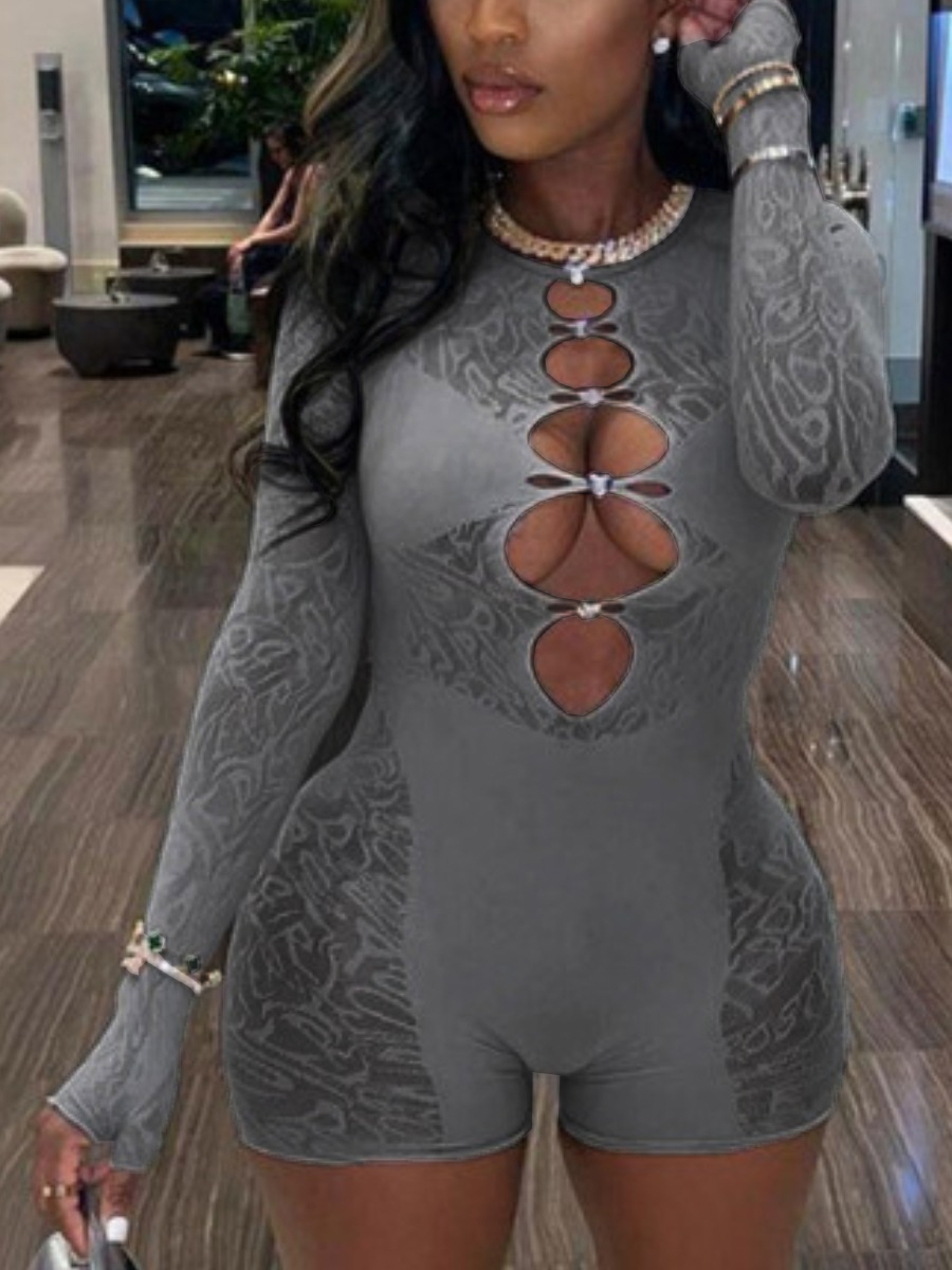 LovelyWholesale SXY Cut Out Lace Rhinestone Decor Romper Spring Long Sleeve Sxy Cut Out Round Neck Spring Summer 2024