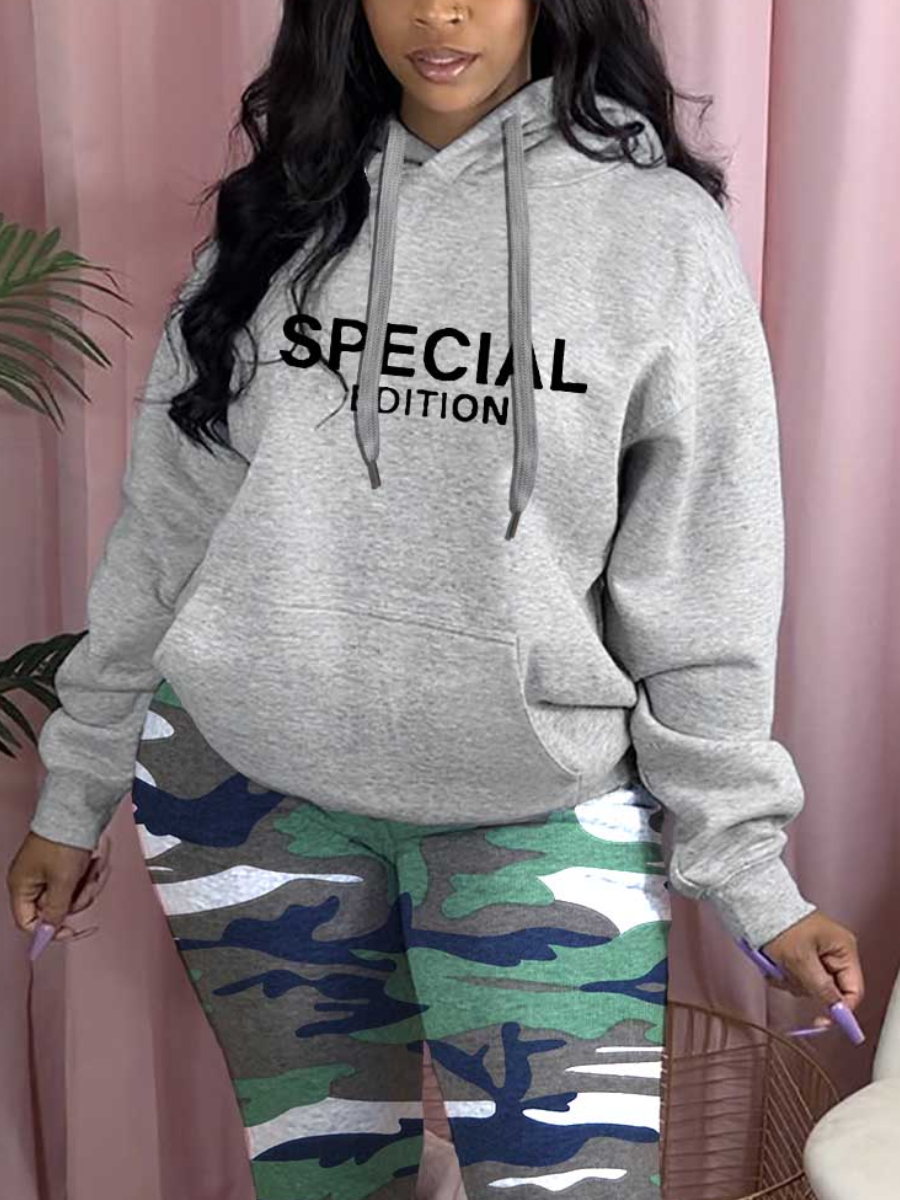 LW Plus Size Letter Print Kangaroo Pocket Hoodie
