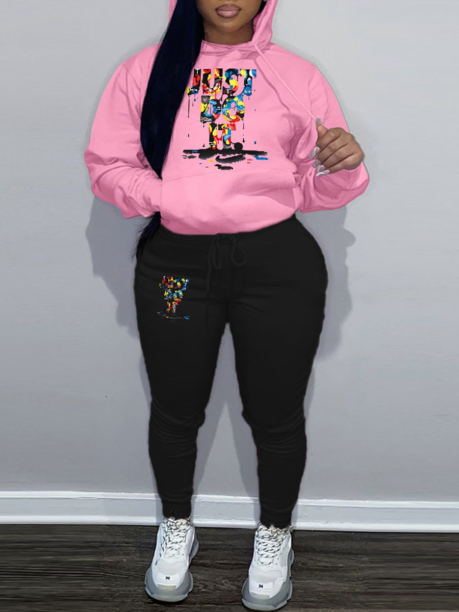 LovelyWholesale Plus Size Just Do It Letter Print Kangaroo Pocket Tracksuit Set Fall Long Sleeve Casual Hooded Collar  5X Spring Summer 2024