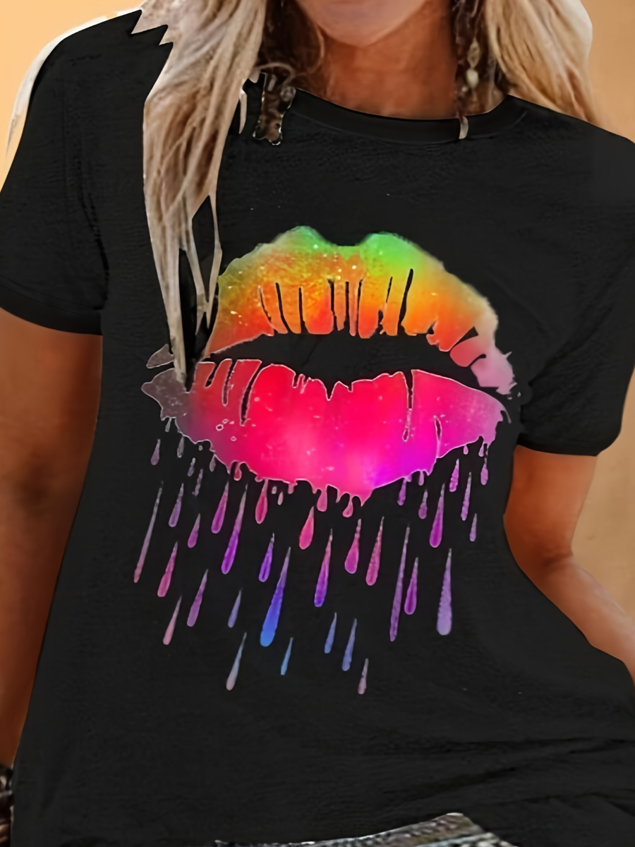 LW Plus Size Casual Lip Print Black T-shirt