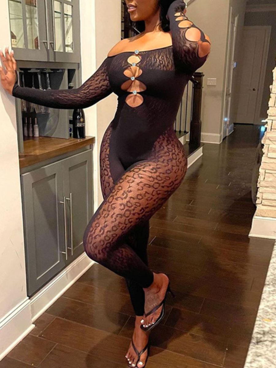 LovelyWholesale SXY Off The Shoulder See Through Rhinestone Decor Jumpsuit Fall Long Sleeve Sxy Bateau Neck Spring Summer 2024