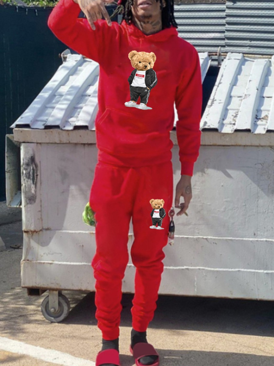 LW Men Teddy Bear Print Kangaroo Pocket Tracksuit 