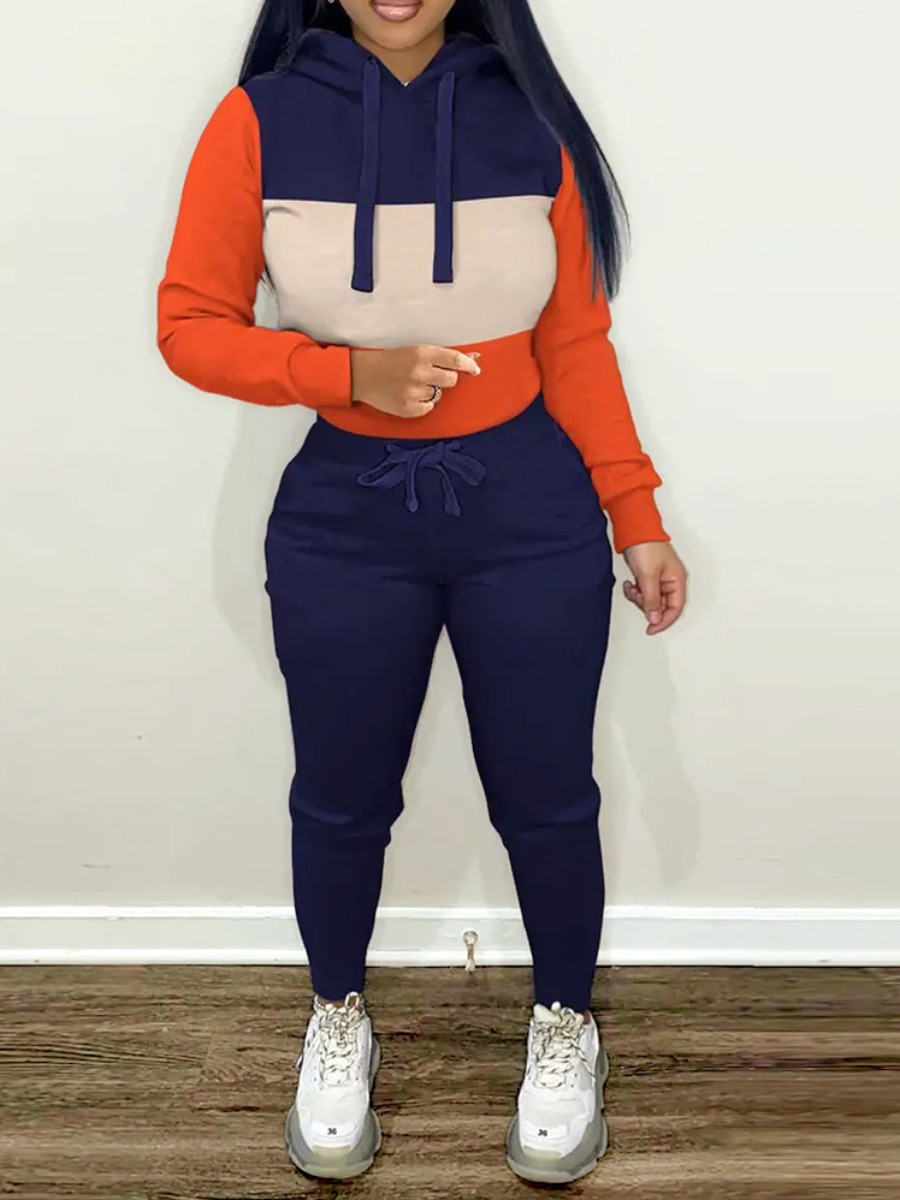 LW Plus Size Hooded Collar Drawstring Patchwork Tracksuit Set