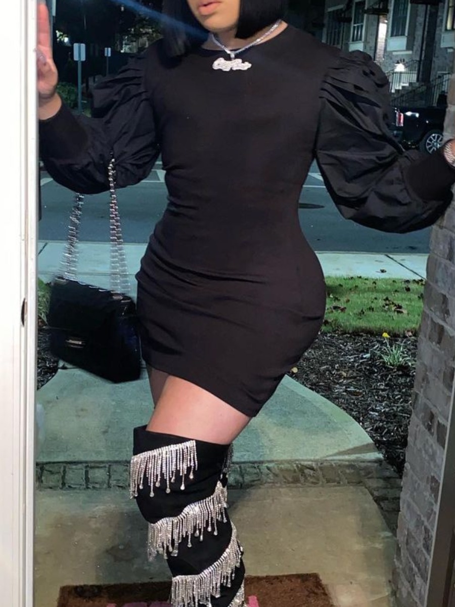 LovelyWholesale Round Neck Bubble Sleeve Bodycon Dress Fall Long Sleeve Sweet Ruched Round Neck Spring Summer 2024