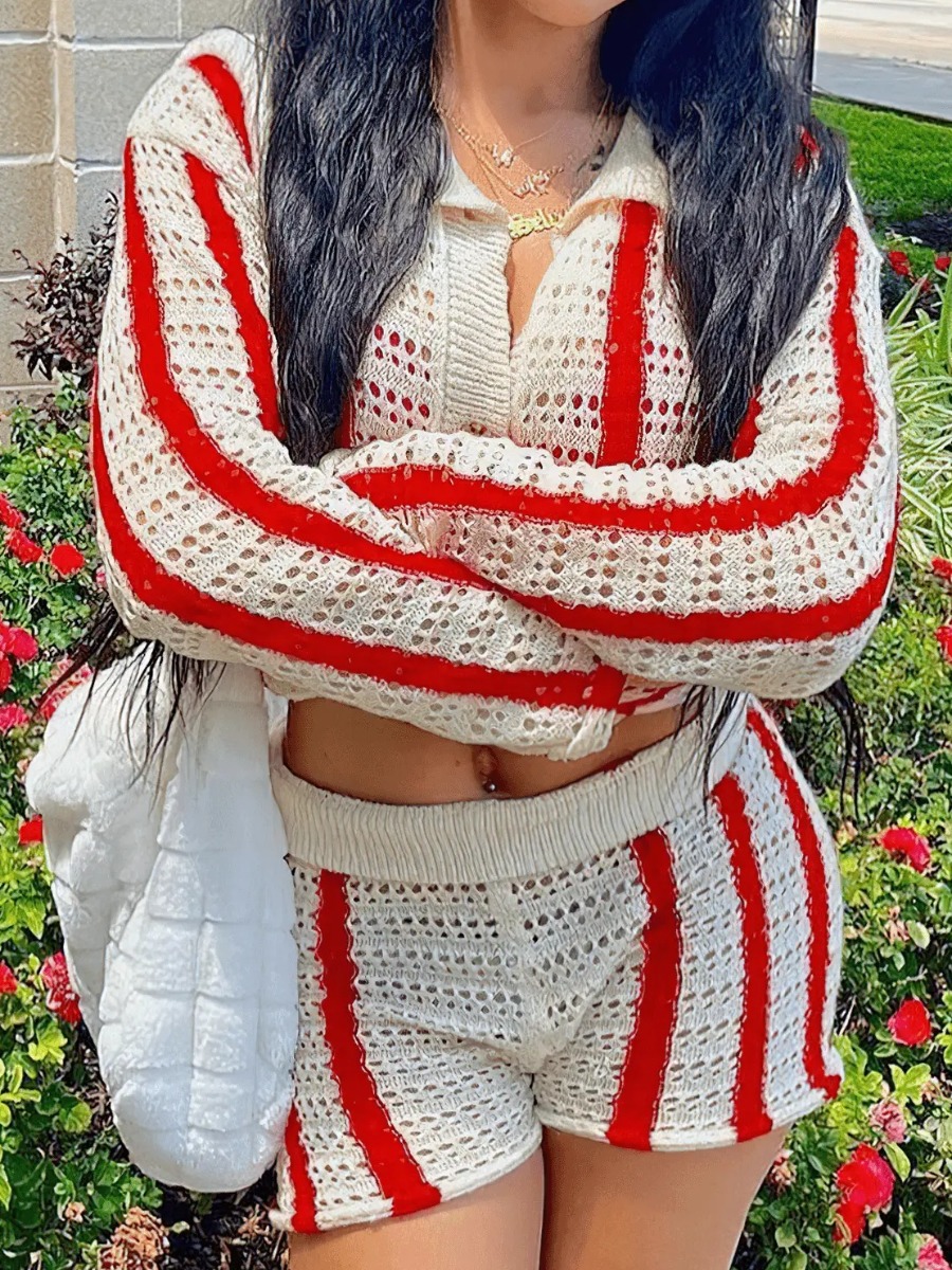 LovelyWholesale Striped Mesh Skinny Shorts Set Spring Long Sleeve Vacation Patchwork Turndown Collar Spring Summer 2024