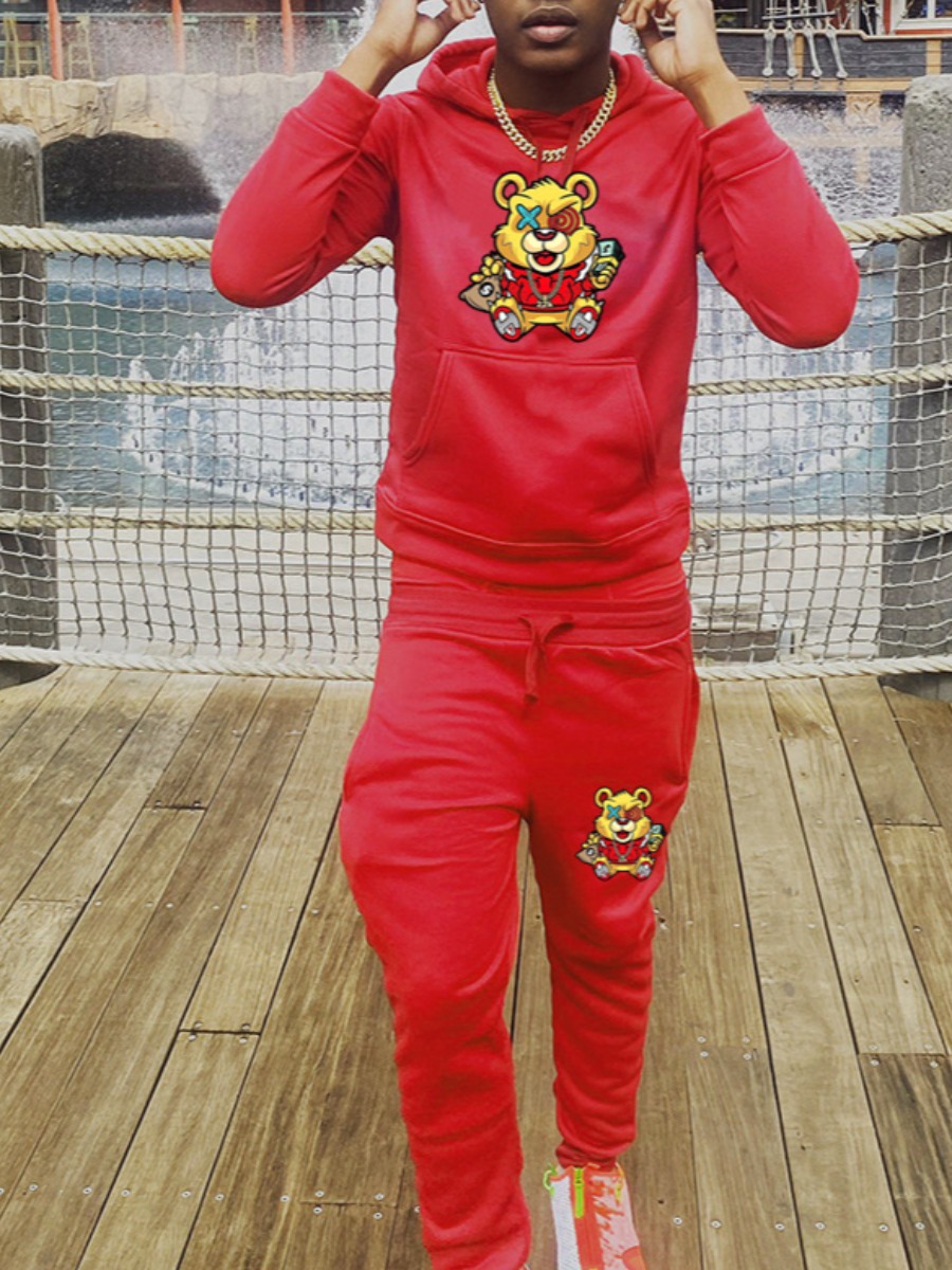 LW Men Cartoon Print Kangaroo Pocket Tracksuit Set