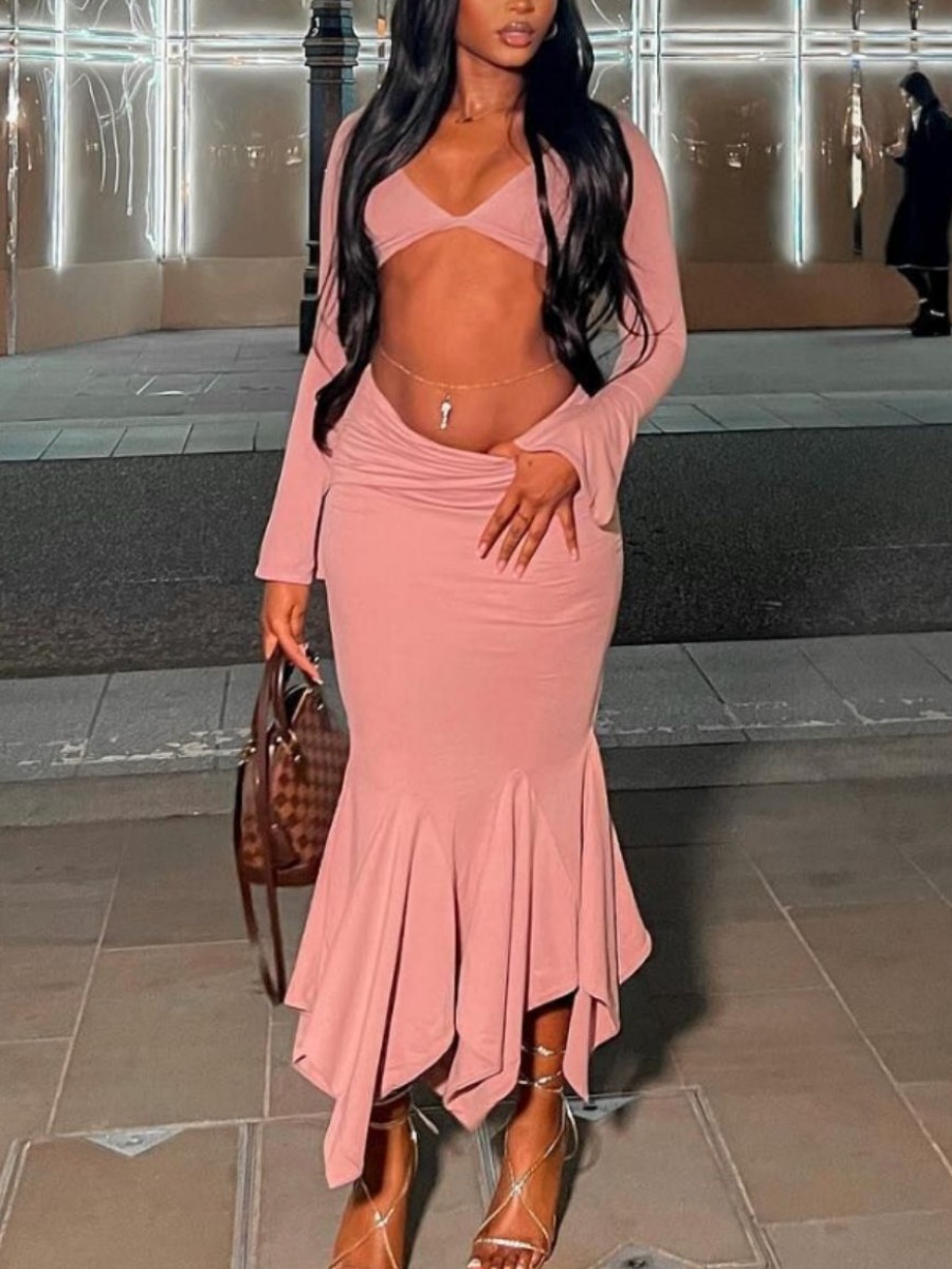 LW Asymmetrical Crop Top Solid Color Regular Two-piece Skirt Set