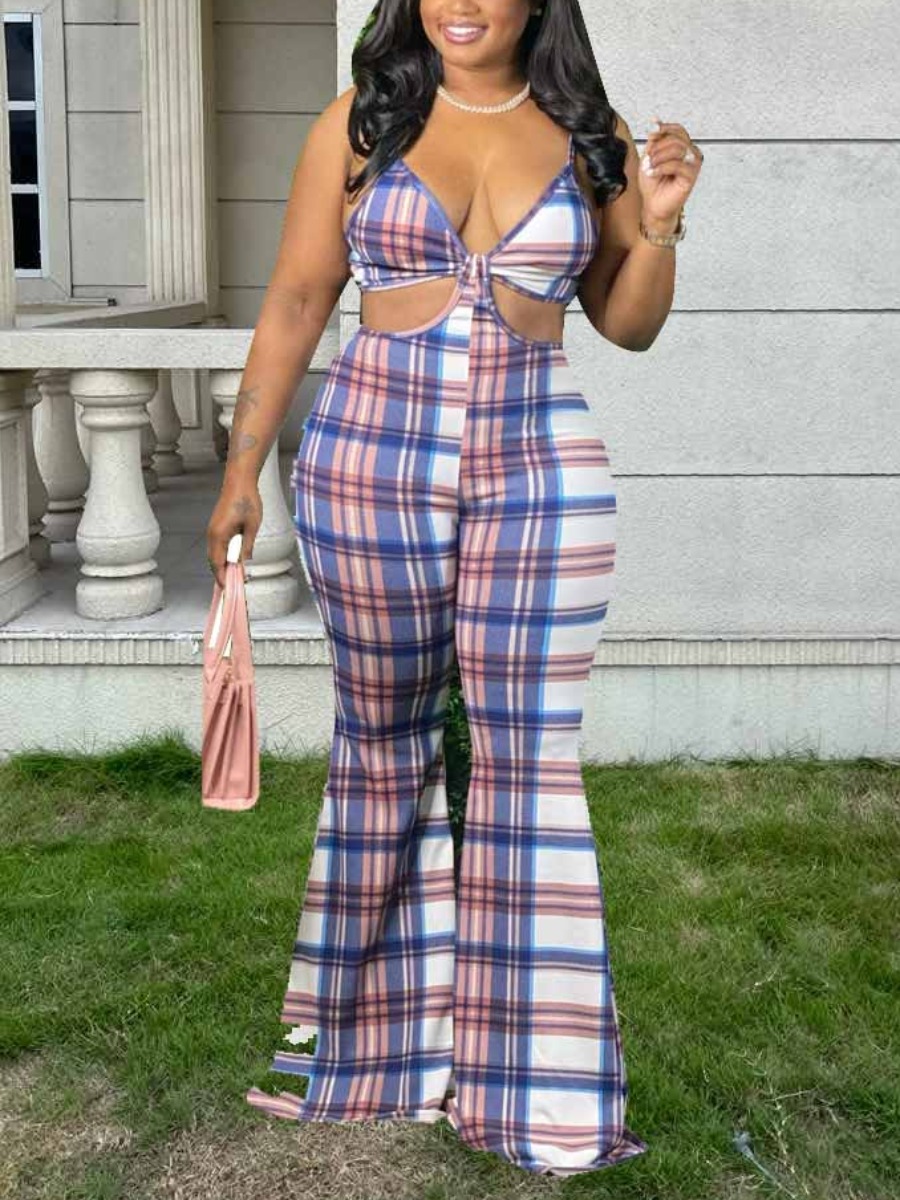 LW Plus Size Plaid Print Backless Flared Jumpsuit