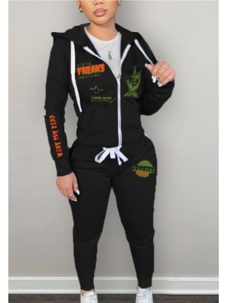 LW Plus Size Letter Print Kangaroo Pocket Tracksuit Set