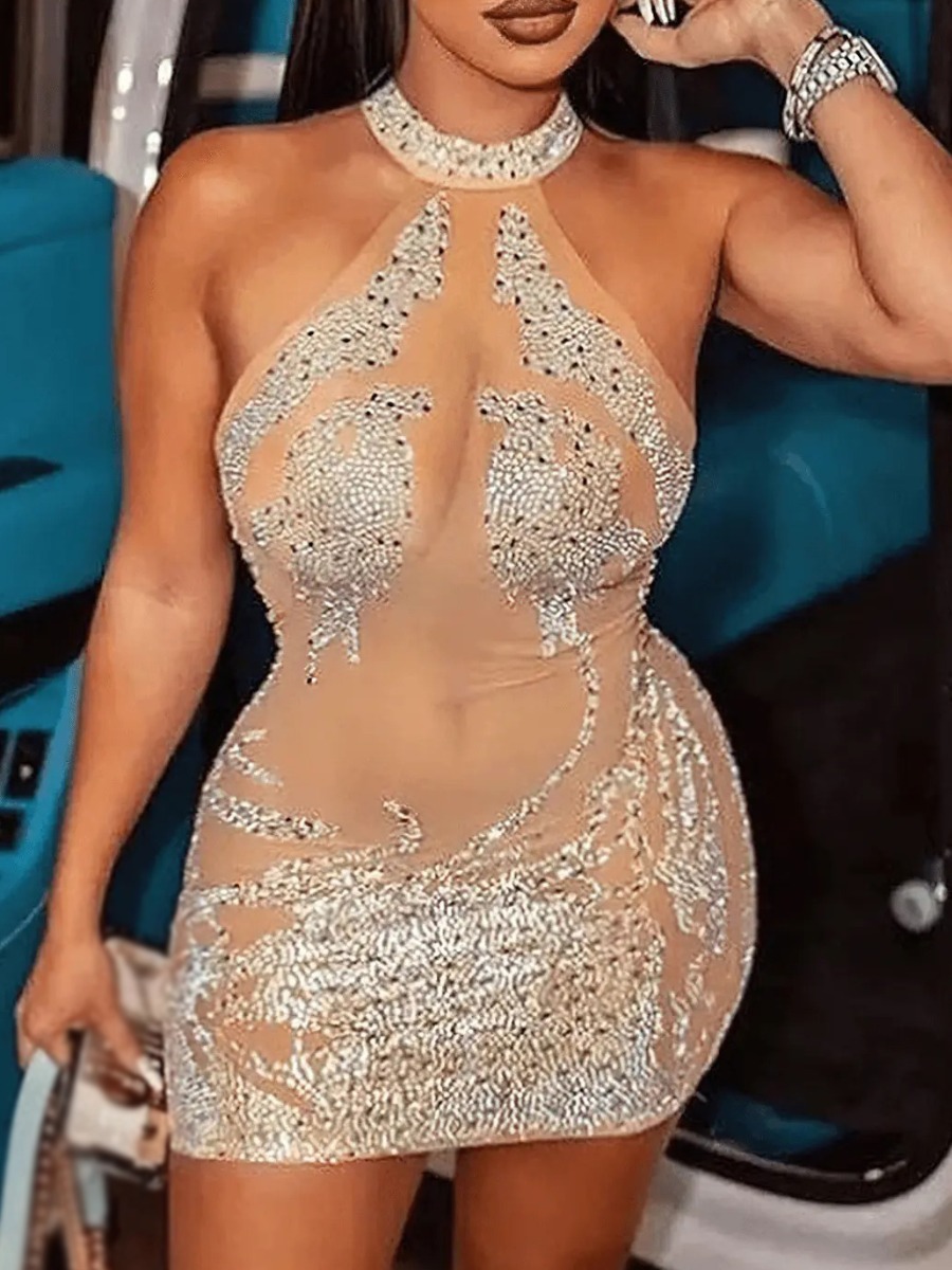 LW SXY Halter Neck Rhinestone See Through Bodycon 