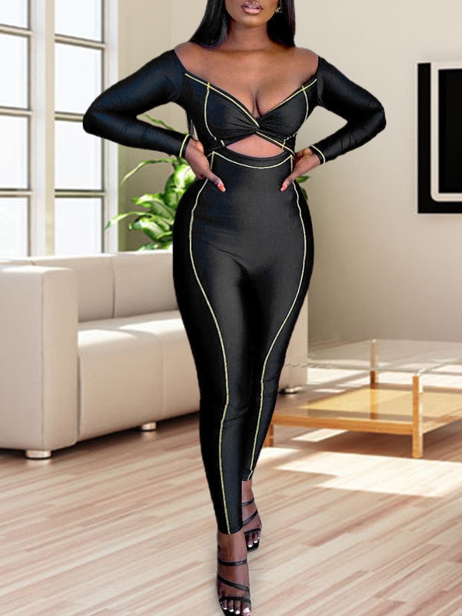 LovelyWholesale Off The Shpoulder Striped Cut Out Jumpsuit Fall Long Sleeve Casual Cut Out V Neck Spring Summer 2024