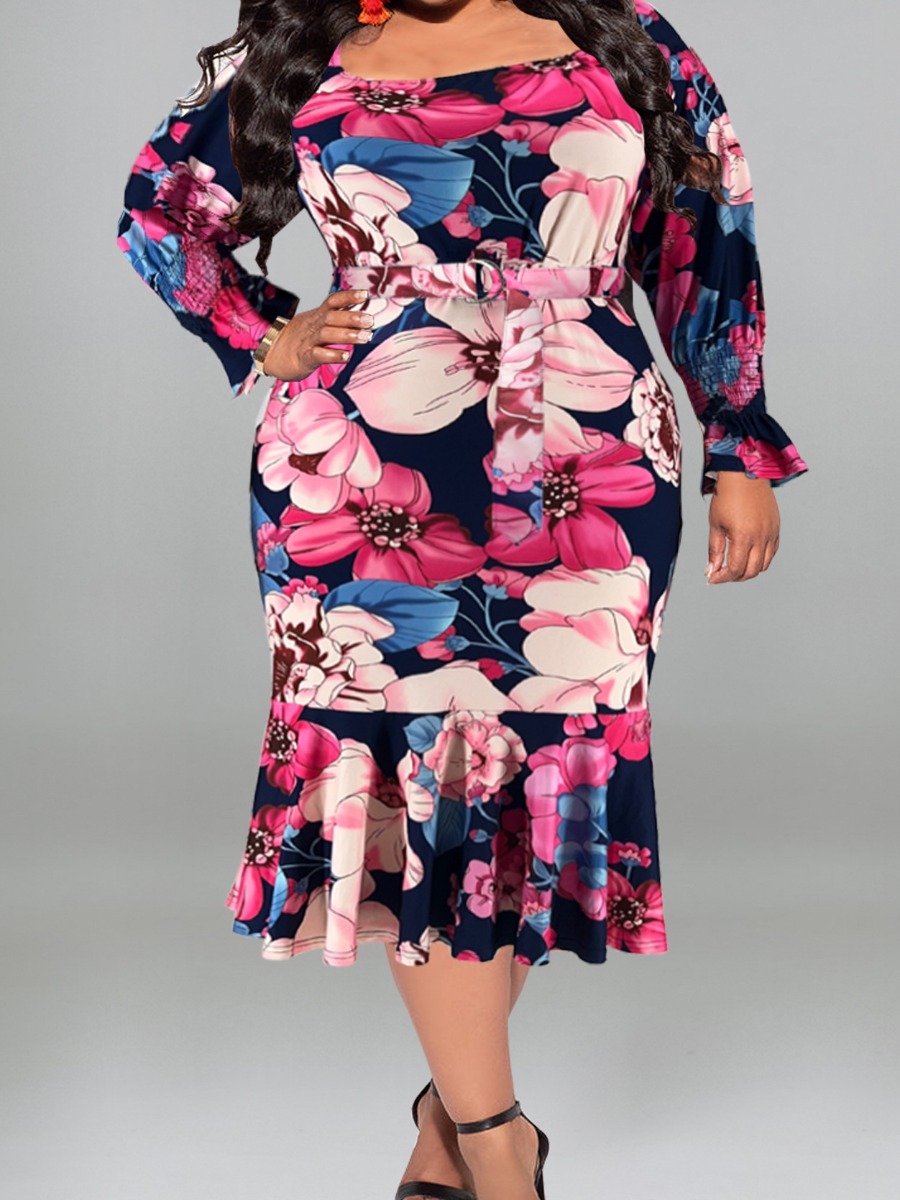 LW Plus Size Floral Print Flounce Design Bodycon D