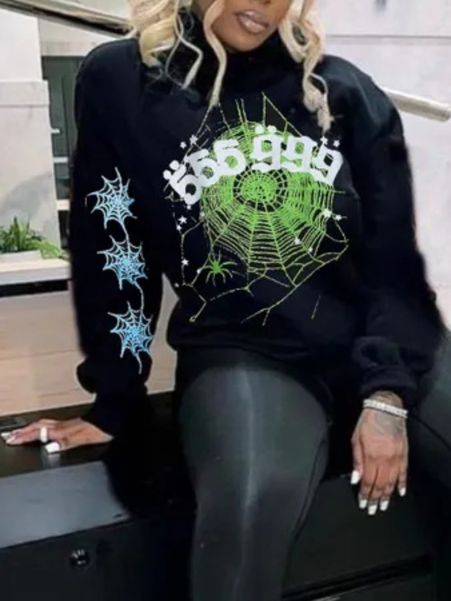 LW Spider Web Letter Print Hoodie