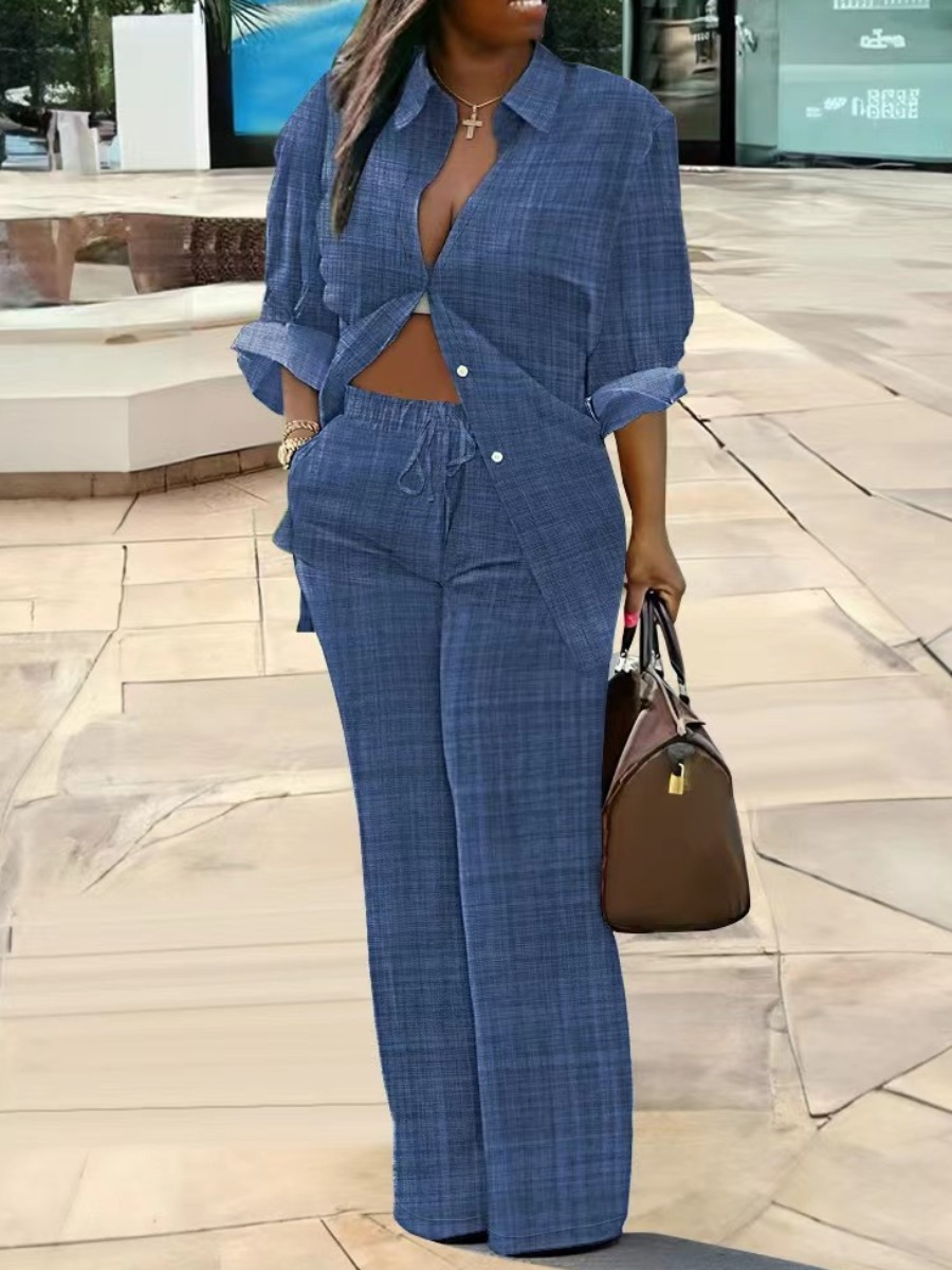 LovelyWholesale Plus Size Shirt Drawstring Wide Leg Pants Set Fall Long Sleeve Casual Turndown Collar  3X Spring Summer 2024