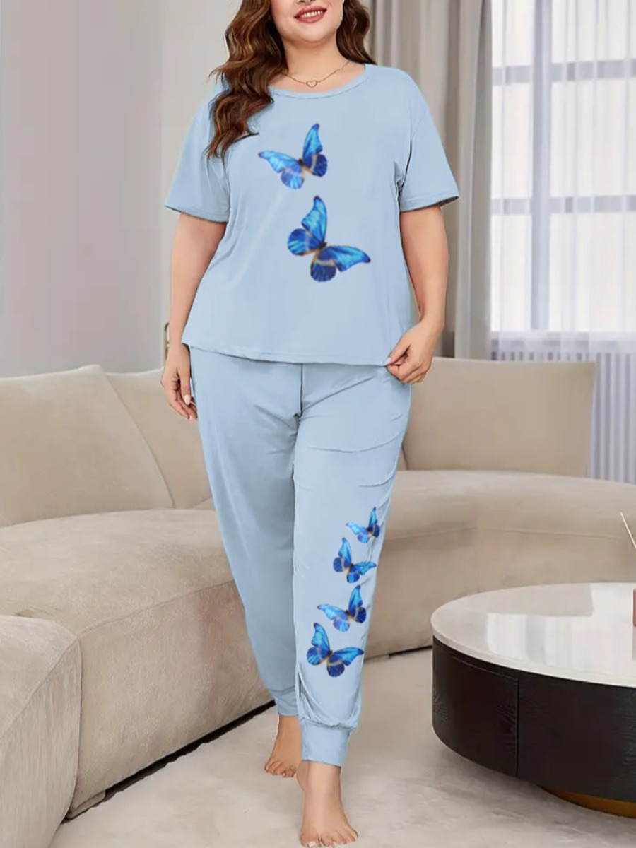 LovelyWholesale Plus Size Butterfly Print Regular Fit Pants Set Spring Short Sleeve Casual Basic Round Neck  4X Spring Summer 2024