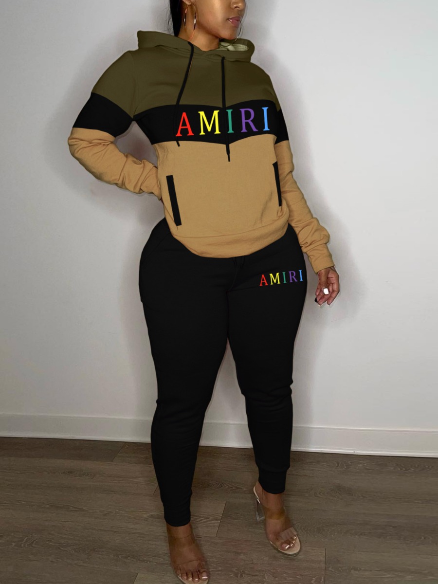 LW Plus Size Letter Print Patchwork Tracksuit Set