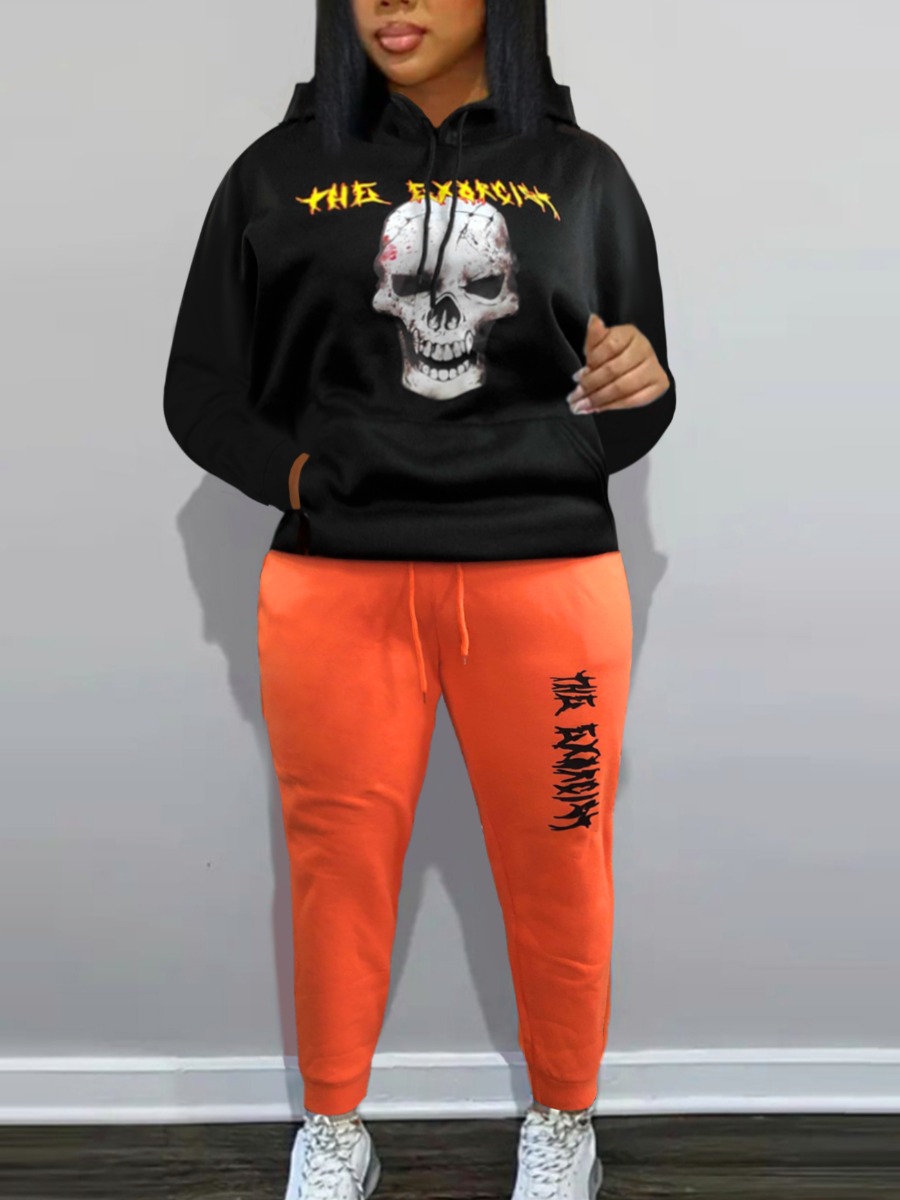 LW Plus Size Skull Head Letter Print Kangaroo Pock