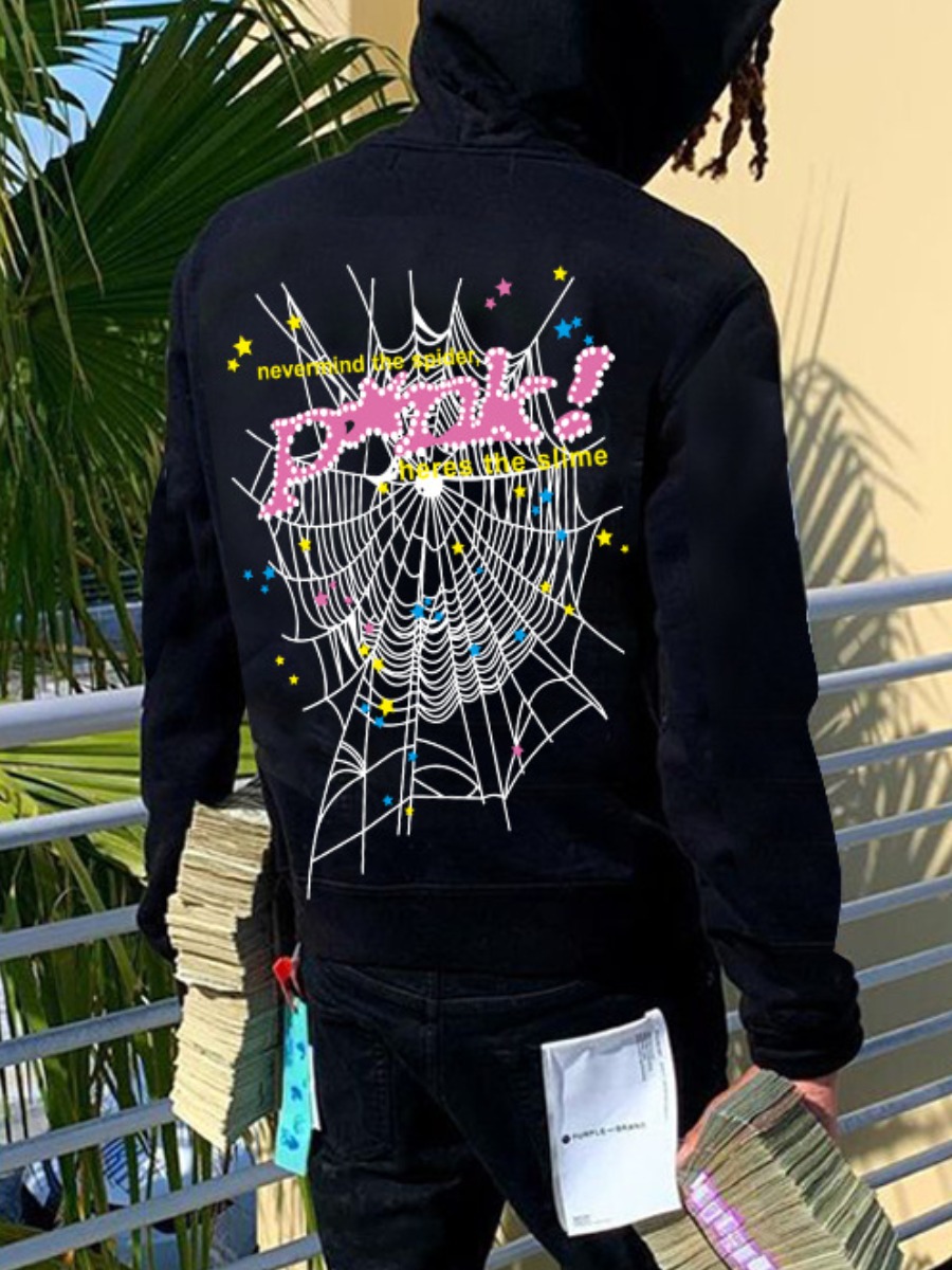 LW Men Spider Web Letter Print Kangaroo Pocket Hoodie