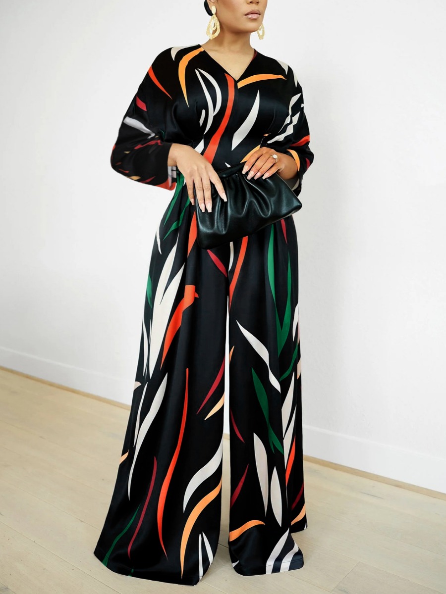 LW BASICS Plus Size V Neck Mixed Print Wide Leg Jumpsuit